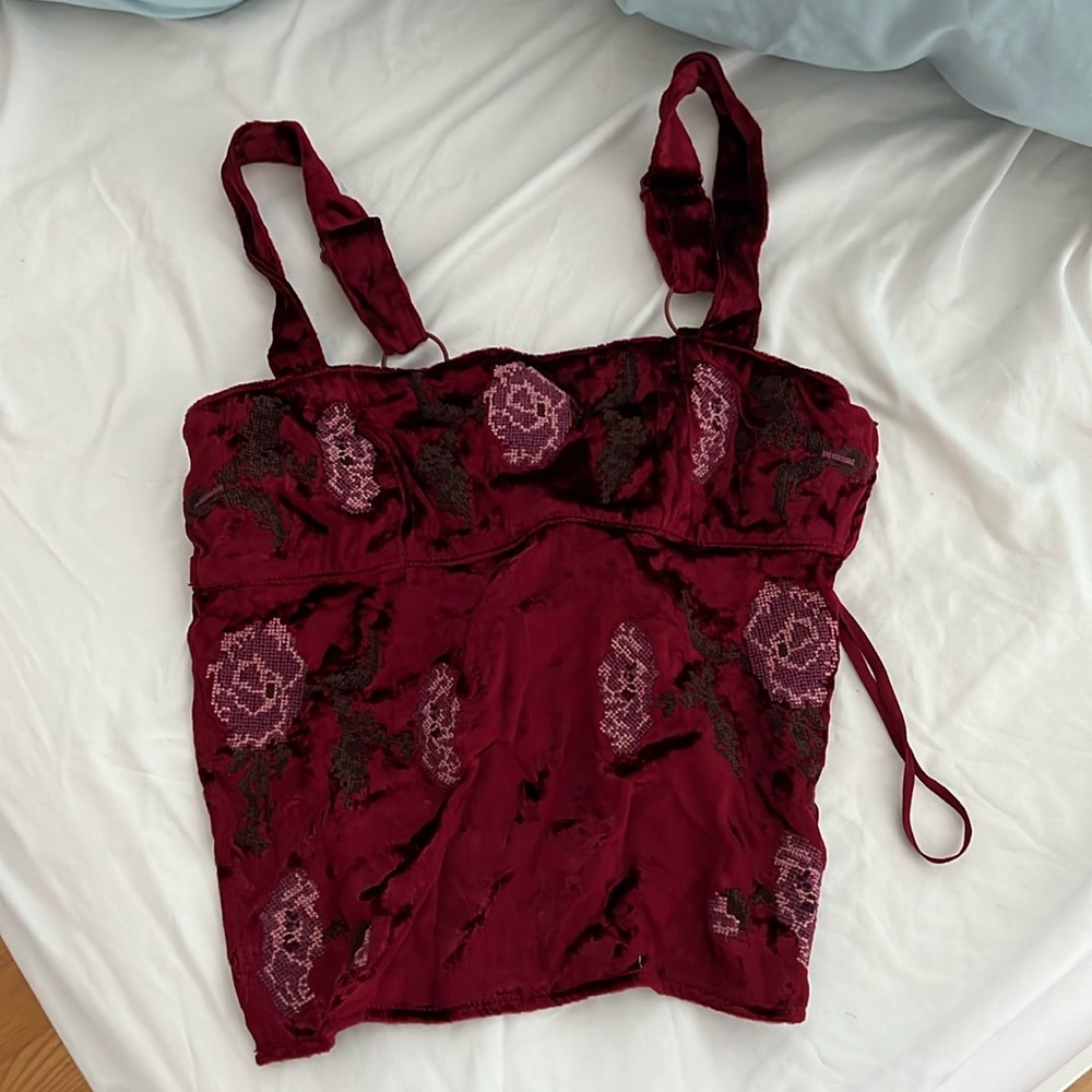 UO Red velvet open back tie top - Jana Velvet Embroidered Top